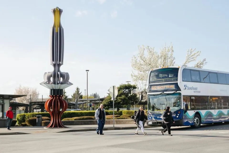 White and blue double-decker bus in Seattle, Washington.